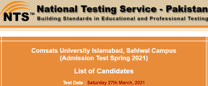 COMSATS Sahiwal NTS Admission Test Result 2024 27 March