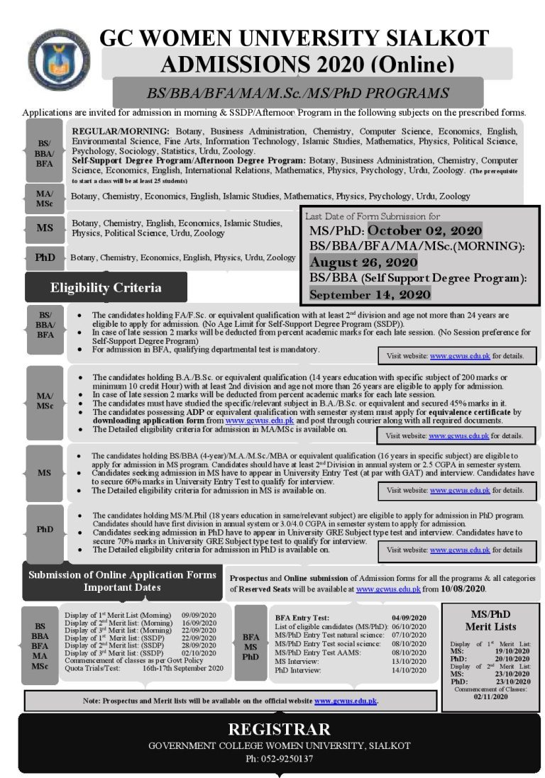 GC Women University Sialkot Admission 2024 Online Apply Last Date