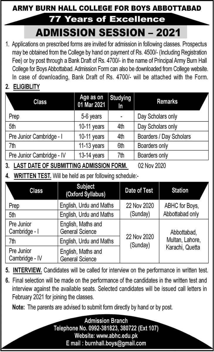 Army Burn Hall College Abbottabad Admission 2024 Form Download