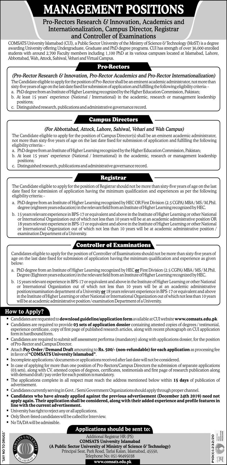 COMSATS Jobs Advertisement 2024 Application Form Online Last Date