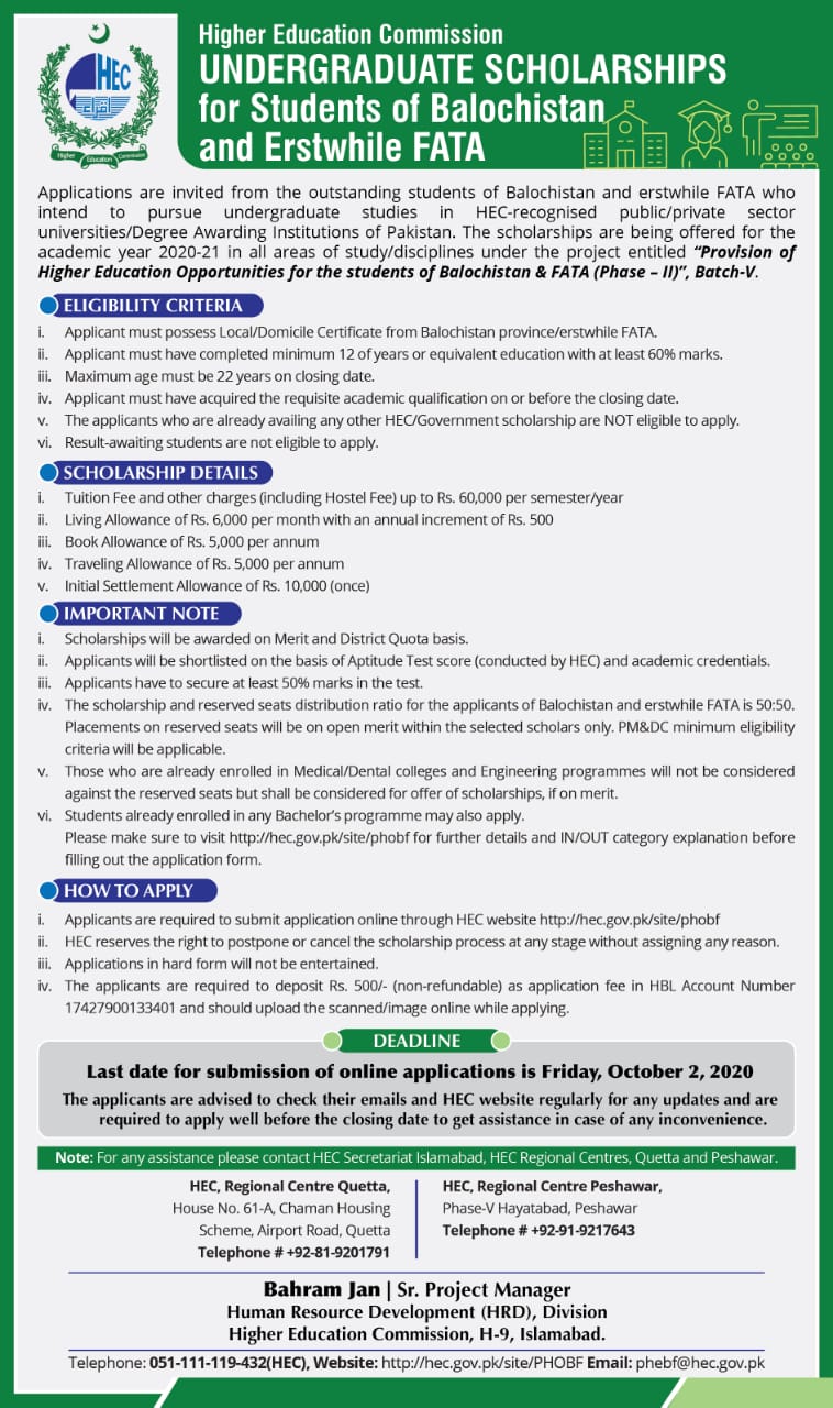 HEC Undergraduate Scholarship 2024 for FATA, Balochistan Online Apply Form