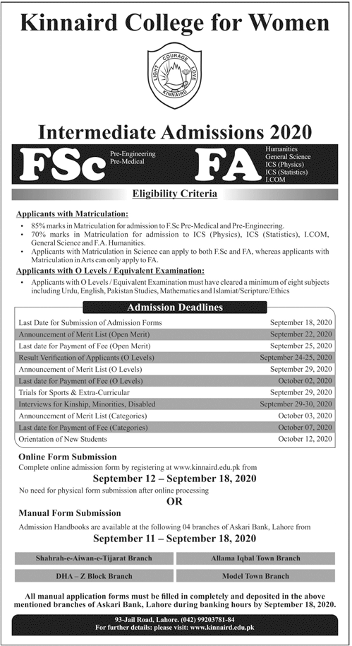 Kinnaird College Intermediate Admissions 2024 FSc, FA, ICS, ICOM Online Form Date