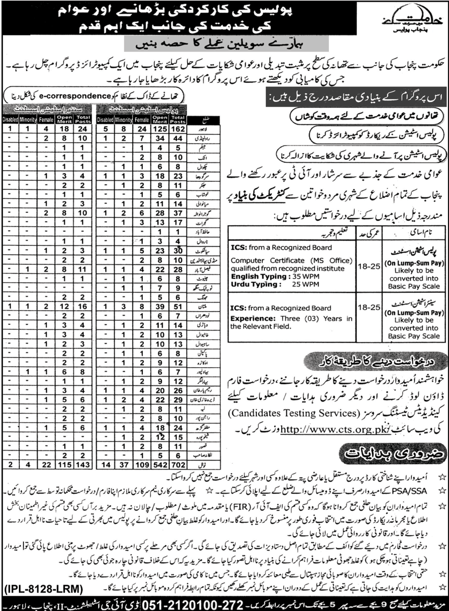 Police Station Assistant Jobs 2024 Punjab Police CTS Form Advertisement