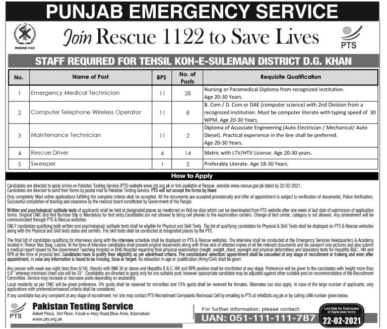 Rescue 1122 EMT Jobs 2024 Emergency Medical Technician PTS Apply Online