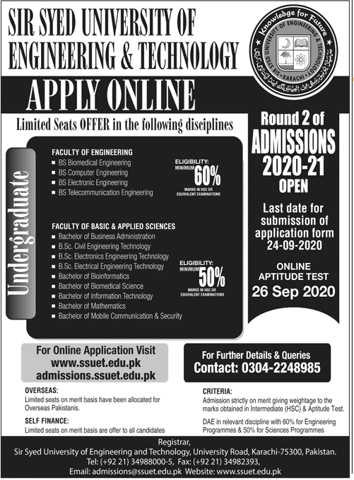 SSUET Admission 2024 Undergraduate Apply Online Form Last Date