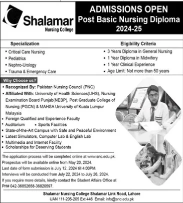 Shalamar Nursing College Lahore Admission