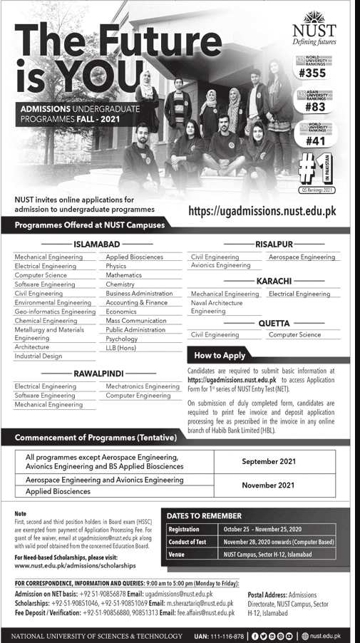 NUST Undergraduate Admission 2024 Registration Online Form Schedule