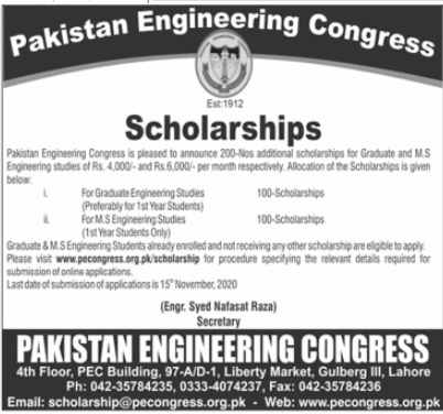 PE Congress Scholarship 2024 Apply Online BS MS Last Date Advertisement