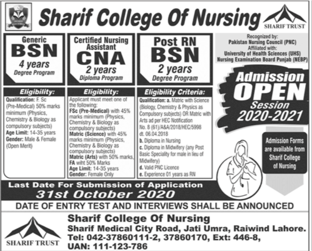 Sharif College of Nursing Admission 2024 Form Entry Test Date