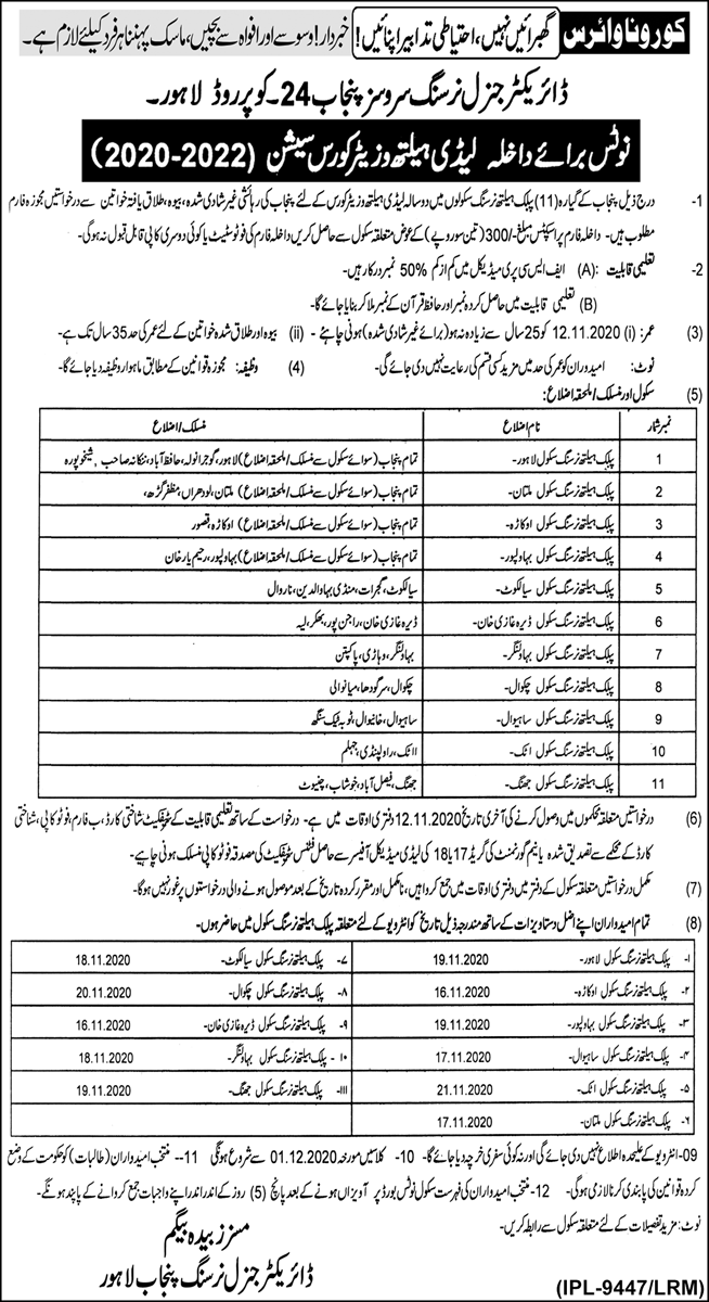 Director General Nursing Punjab LHV Admission 2024 Course Form Last Date