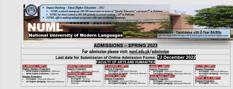 NUML Admission Spring 2024