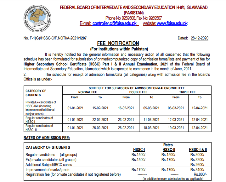 FBISE HSSC Admission Form 2024 Last Date Registration Fees Schedule