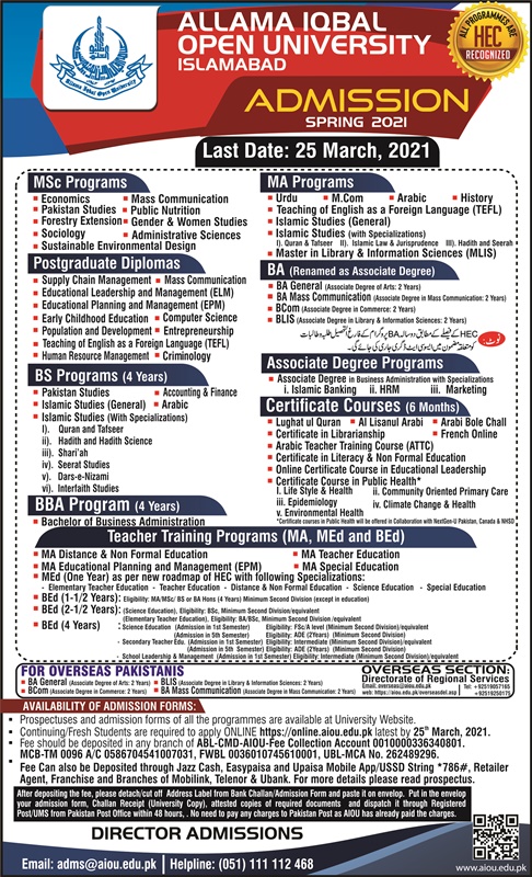 Allama Iqbal Open University Admission 2024 AIOU Prospectus Matric FA BA