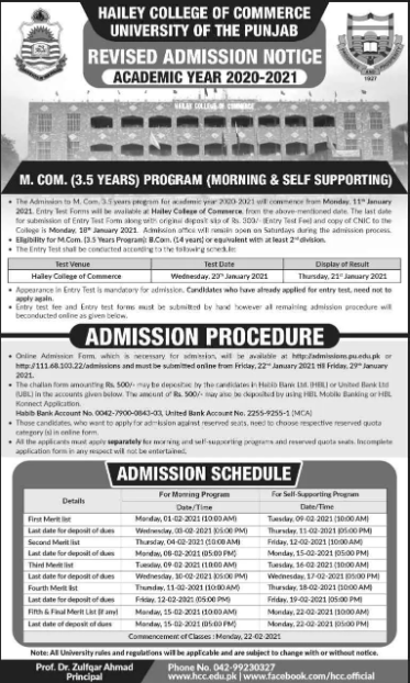 Hailey College of Commerce M.Com Entry Test Result 2024